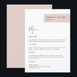 JALAINE Modern Rubor Nombre de invitado Menú de ce<br><div class="desc">El menú de la cena presenta un diseño minimalista moderno y exuberante y un nombre personalizado para cada huésped. Este menú es perfecto para cualquier evento sencillo y clásico. Ajusta fácilmente el color a tu gusto.</div>