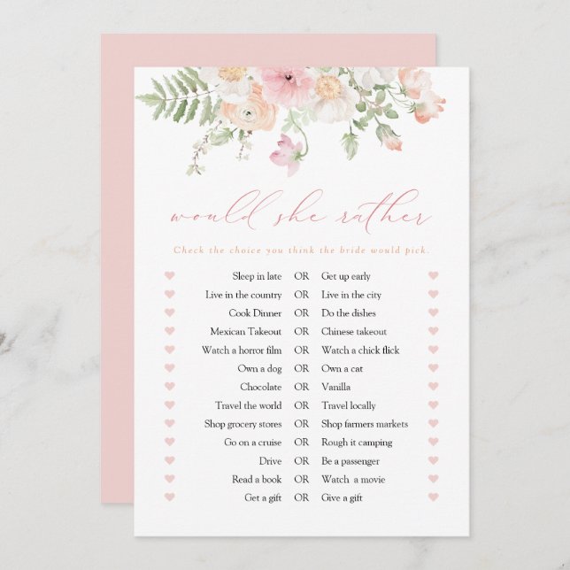 JANE Rubor Pink Floral Prefiere Tarjeta De Juego (Anverso / Reverso)