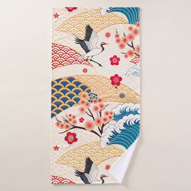 Japanese Crane and Cherry Blossom Waves (Toalla de baño)