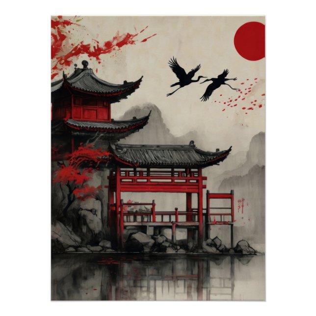 Japanese Crane Pagoda Red Sun Poster Zen Oriental (Anverso)