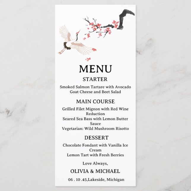 Japanese Red-Crowned Crane Wedding Menu Card  (Anverso)