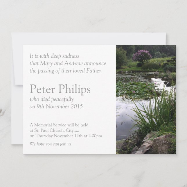 Jardín 2 Tranquila Invitación del Funeral de Pond (Anverso)