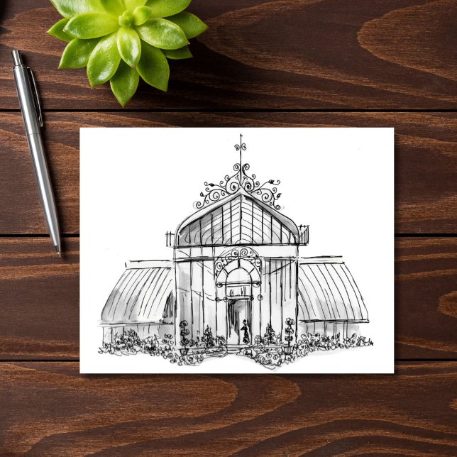 Jardín Botánico de la Victoria, dibujado a mano po (This whimsical greenhouse can lend charm to your correspondence. Cards have a million uses!)