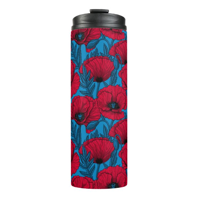 Jardín de amapola roja en un vaso termal azul (Anverso)