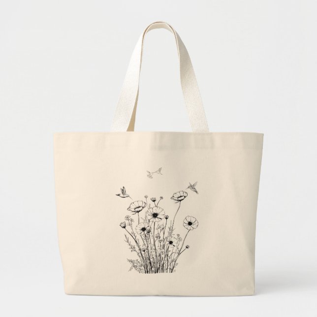 Jardín de flores en bolso de tote blanco y negro (Frente)