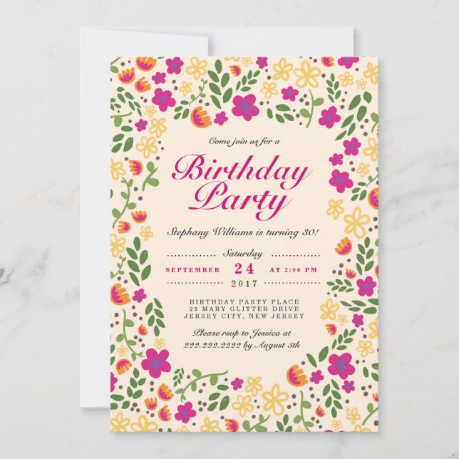 Jardín de flores rosadas Invitación de cumpleaños  (Anverso)