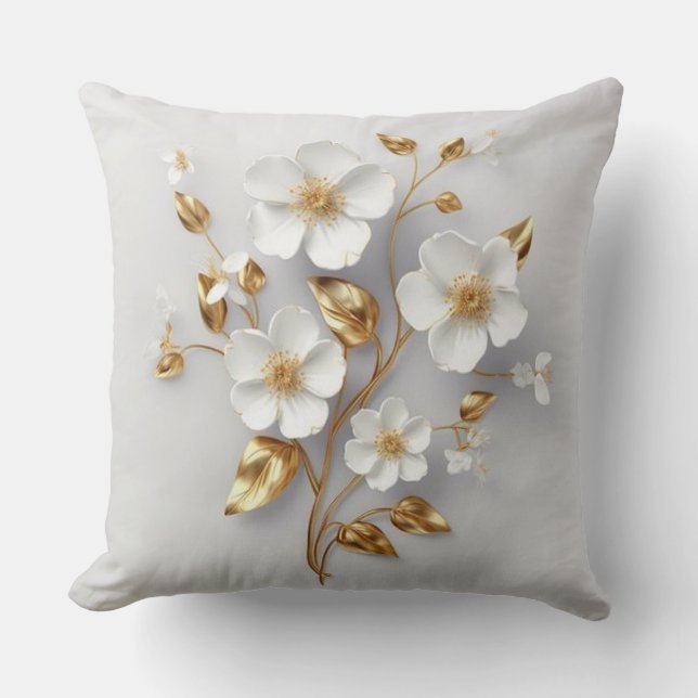 Jardín de Oro: almohada floral blanca y dorada (Anverso)