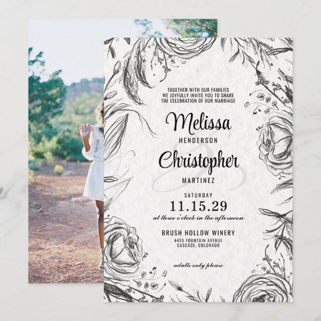 Jardín de primavera con invitación a la boda de fo (Anverso / Reverso)