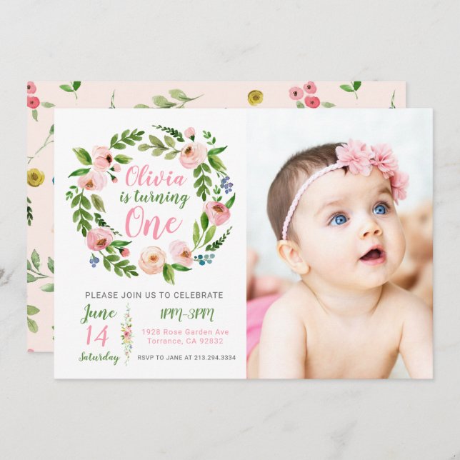 Jardín floral 1er cumpleaños Invitación Chica Foto (Anverso / Reverso)
