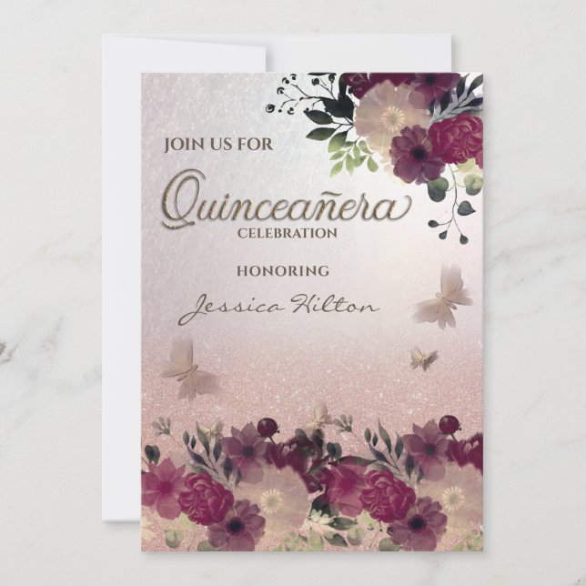 Jardín floral de mariposa Quinceañera Invitación (Anverso)