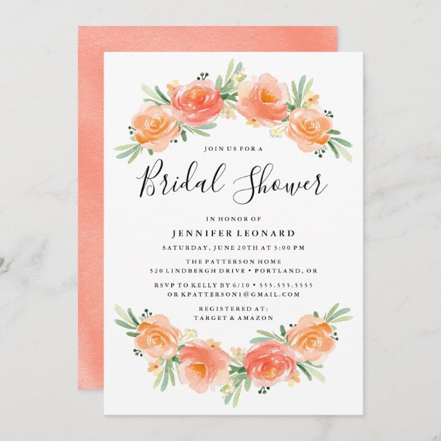 Jardín floral de Peach | Invitación a la ducha de  (Anverso / Reverso)