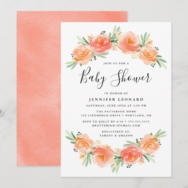 Jardín floral de Peach | Invitación de Baby Shower (Anverso / Reverso)