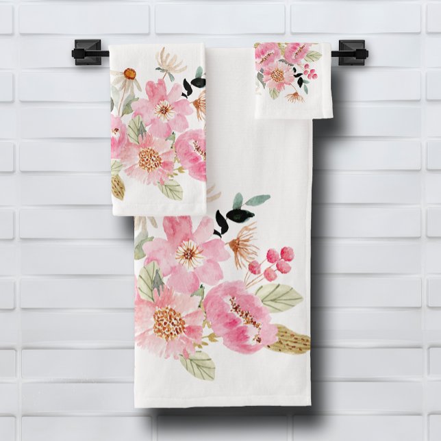 Jardín floral rosa acuarela (Watercolor Pink Floral Garden Bath Towel Set (white on reverse side), buy pieces separately)