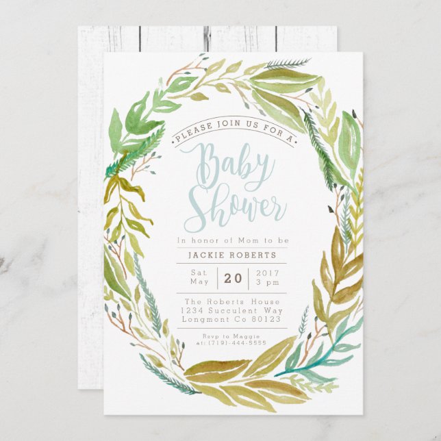 Jardín verde | Invitación a Baby Shower de acuarel (Anverso / Reverso)