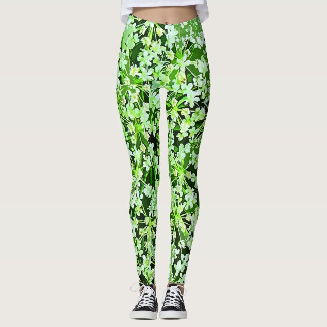 Jardín verde y blanco Flores Florales Leggings flo (Anverso)