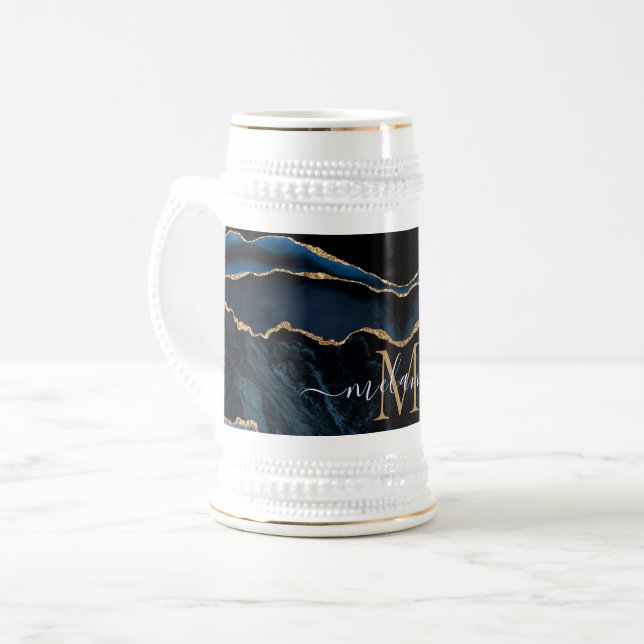 Jarra De Cerveza Agate Navy Blue Gold Marble Letra Beer Stein (Anverso izquierdo)