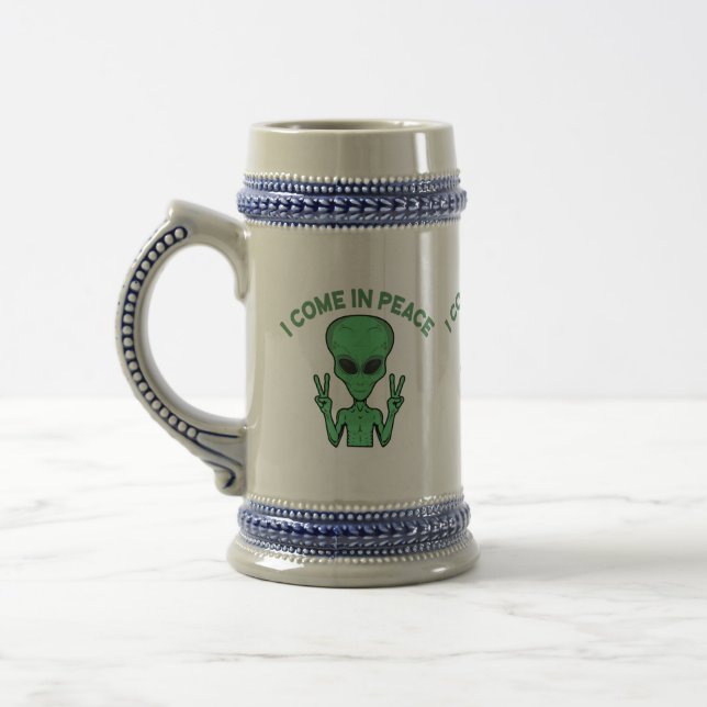 Jarra De Cerveza Alienígena Verde Que Vengo En Paz OVNI Extraterres (Izquierda)