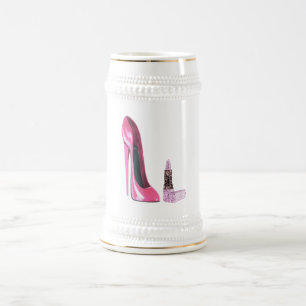 Jarra De Cerveza Arte rosado del zapato y del lápiz labial del