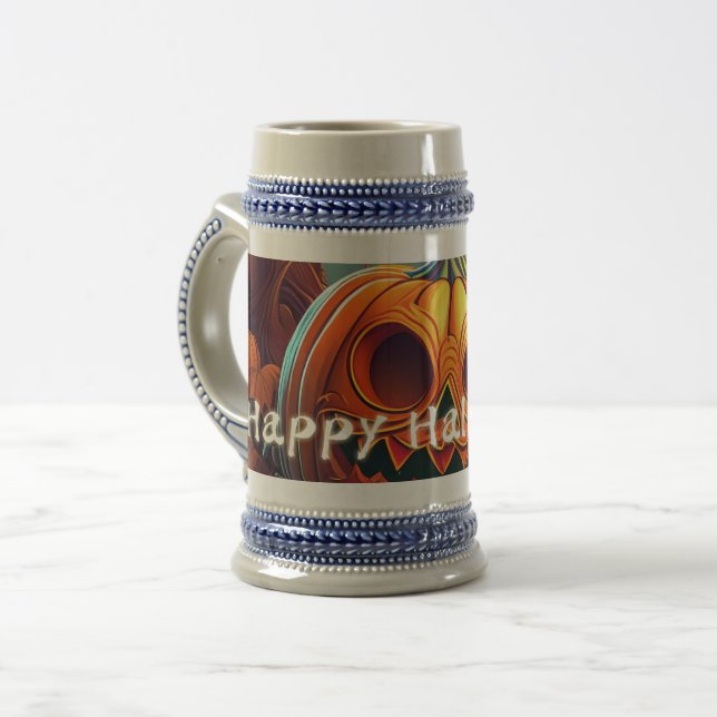 Jarra De Cerveza Asustada Naranja Calabaza con cara, Halloween (Anverso izquierdo)