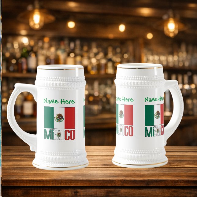Jarra De Cerveza Bandera de México Personalizada (Personalized beer stein with design on three sides. Mexican Flag and MEXICO with name above.)