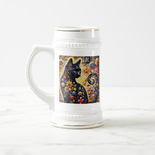 Jarra De Cerveza Black Whimsical Cat Resumen Arte de pintura floral