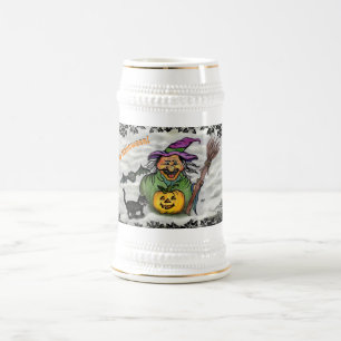 Jarra De Cerveza Bruja, gato, murciélago y calabaza, ¡Feliz Hallowe