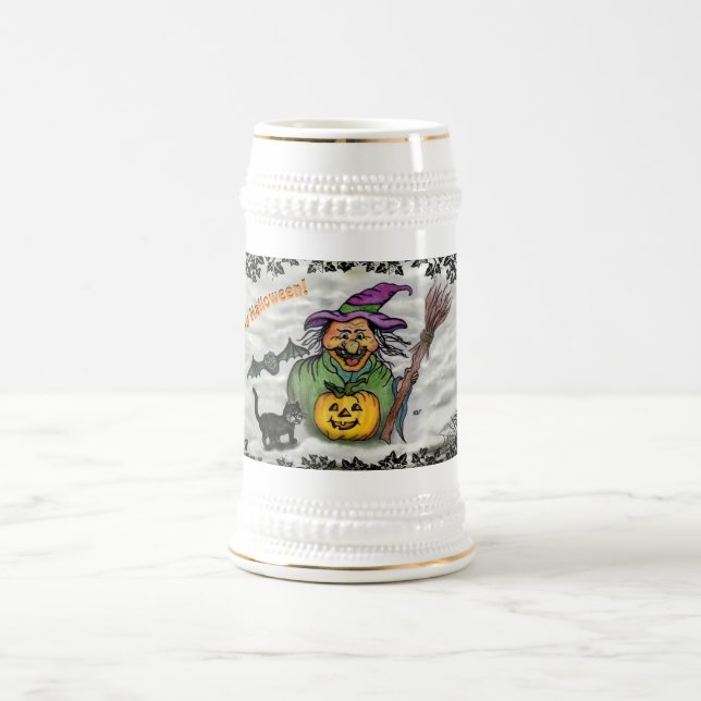 Jarra De Cerveza Bruja, gato, murciélago y calabaza, ¡Feliz Hallowe (Centro)