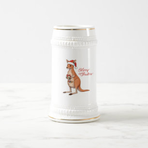 Jarra De Cerveza Canguro Festivo Con Sombrero De Santa Navidades