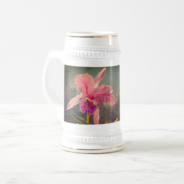 Jarra De Cerveza Cattleya Orchid y tres Hummingbirds Heade (Anverso izquierdo)