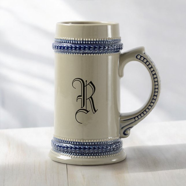 Jarra De Cerveza Cerveza cerámica gris y azul Stein con Personaliza (MISOOK Grey Beer Stein with Initial)