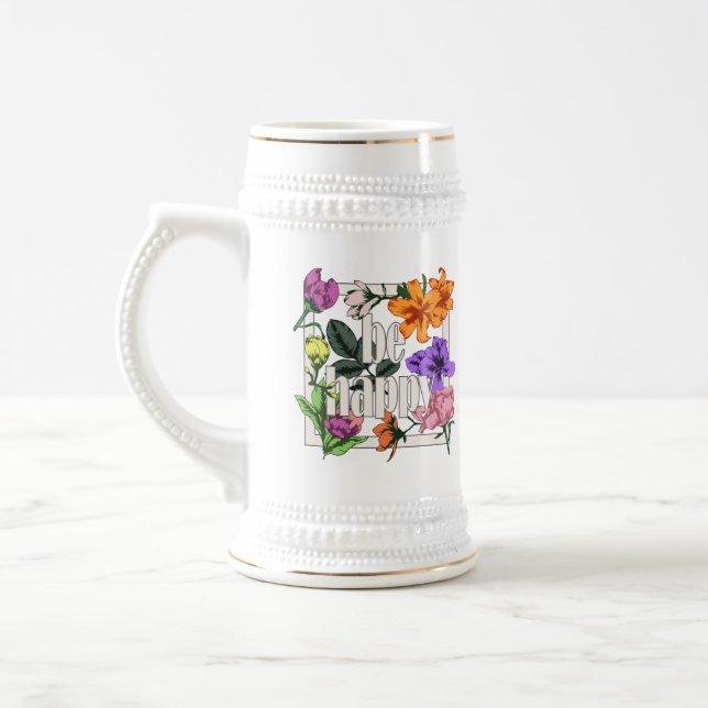 Jarra De Cerveza Cita positiva Be Happy y flores de jardín (Izquierda)