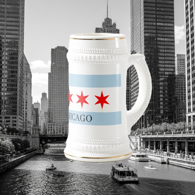 Jarra de cerveza con la bandera de Chicago y texto (Chicago flag beer stein)
