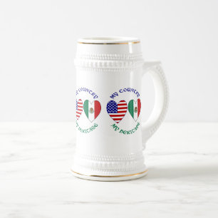 Jarra De Cerveza Corazones de banderas de EE. UU. y México Mi país
