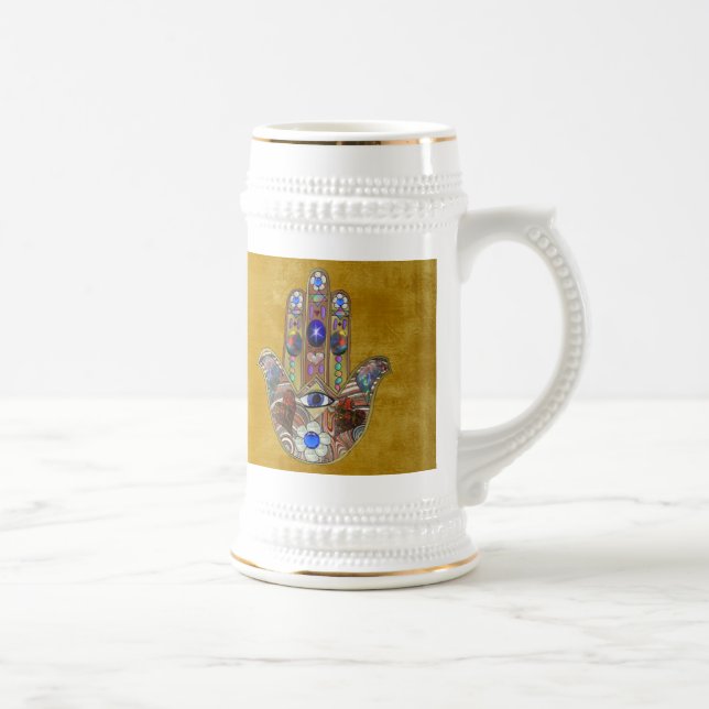 Jarra De Cerveza Corazones de Hamsa Flores Ópalo Arte en Oro (Derecha)