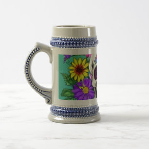 Jarra De Cerveza cráneo colorido con flores
