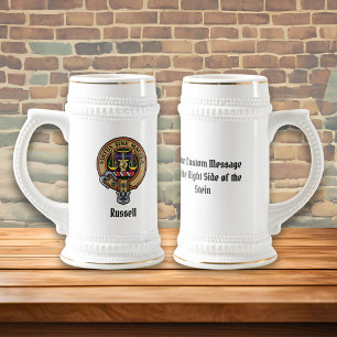 Jarra De Cerveza Crest del clan Russell sobre tartán