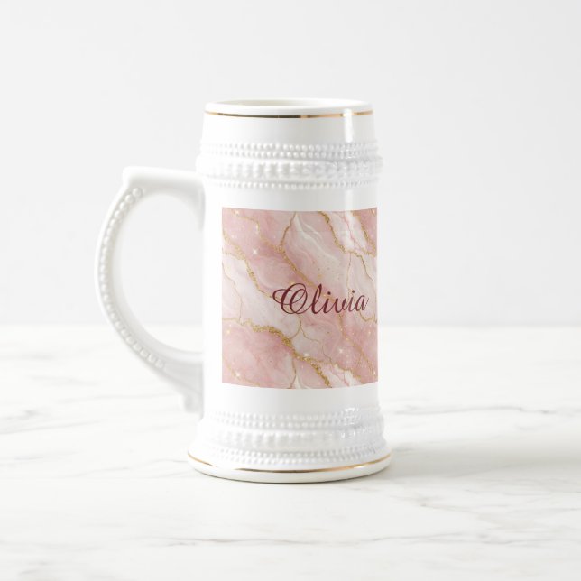 Jarra De Cerveza Custom Modern Rose Quartz Marble Gold Glitter (Izquierda)