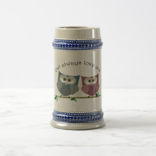 Jarra De Cerveza Del búho amor siempre usted, rosado y azul arte