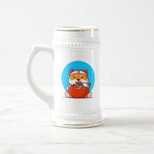 Jarra De Cerveza Dibujo animado de Shiba Inu lindo comiendo fideos