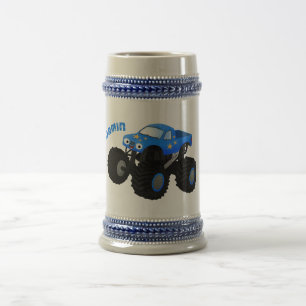 Jarra De Cerveza Dibujo de caricatura de camión monstruo azul lindo