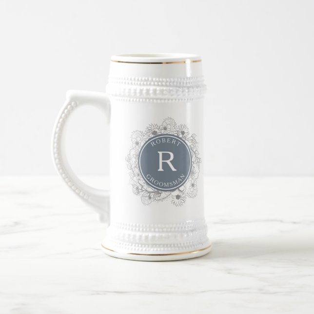 Jarra De Cerveza Dusty Blue Groomsman Beer Inicial Stein (Izquierda)