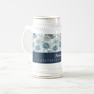Jarra De Cerveza Elegant Monogram Blue Water Lily and Lotus