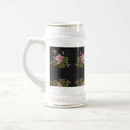 Jarra De Cerveza Elegante patrón de bordado floral fondo negro