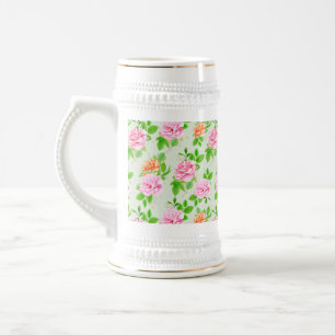 Jarra De Cerveza Elegante patrón floral de rosas hojas verdes-23675