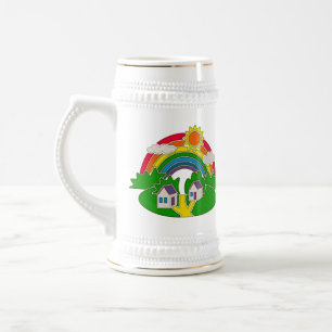 Jarra De Cerveza Escena rural personalizado con arcoiris y casa de