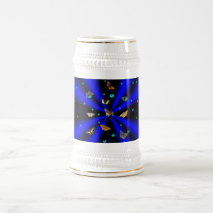Jarra De Cerveza Estrellas, perlas y mariposa en negro y azul