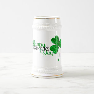 Jarra De Cerveza Feliz día de San Patricio de trébol brillante con