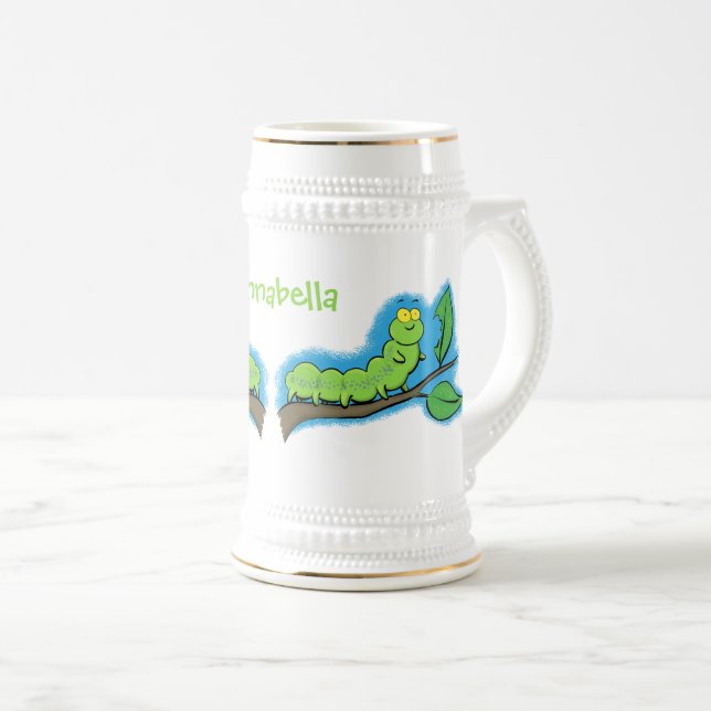 Jarra De Cerveza Feliz ilustracion personalizado de oruga verde (Anverso derecho)