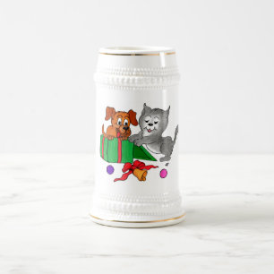 Jarra De Cerveza Feliz Navidad con gato y pipa