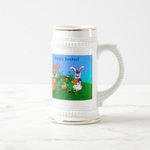 Jarra De Cerveza ¡Feliz Pascua! Conejo con conejo y pollo